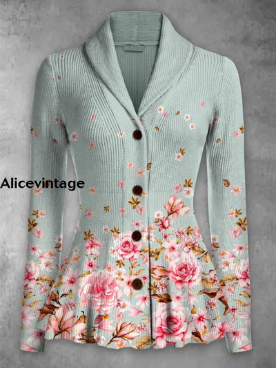 Floral Print Vintage Elegant Lapel V-Neck Button Up Long Sleeve Top A / S