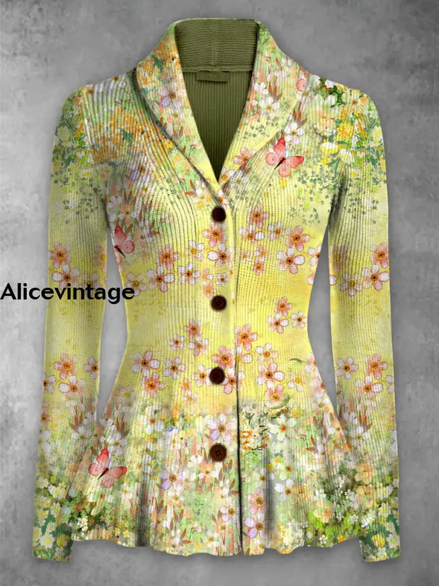 Floral Print Vintage Elegant Lapel V-Neck Button Up Long Sleeve Top A / S