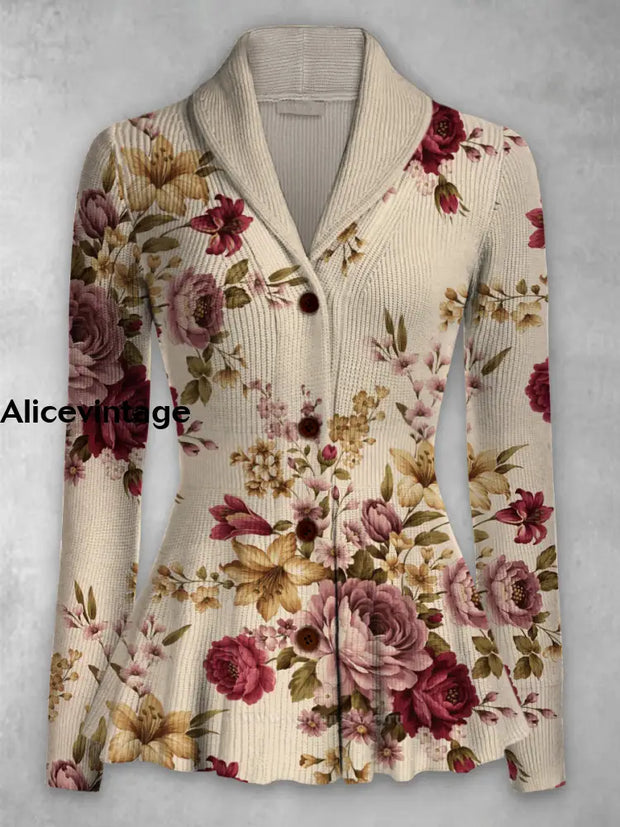 Floral Print Vintage Elegant Lapel V-Neck Button Up Long Sleeve Top A / S