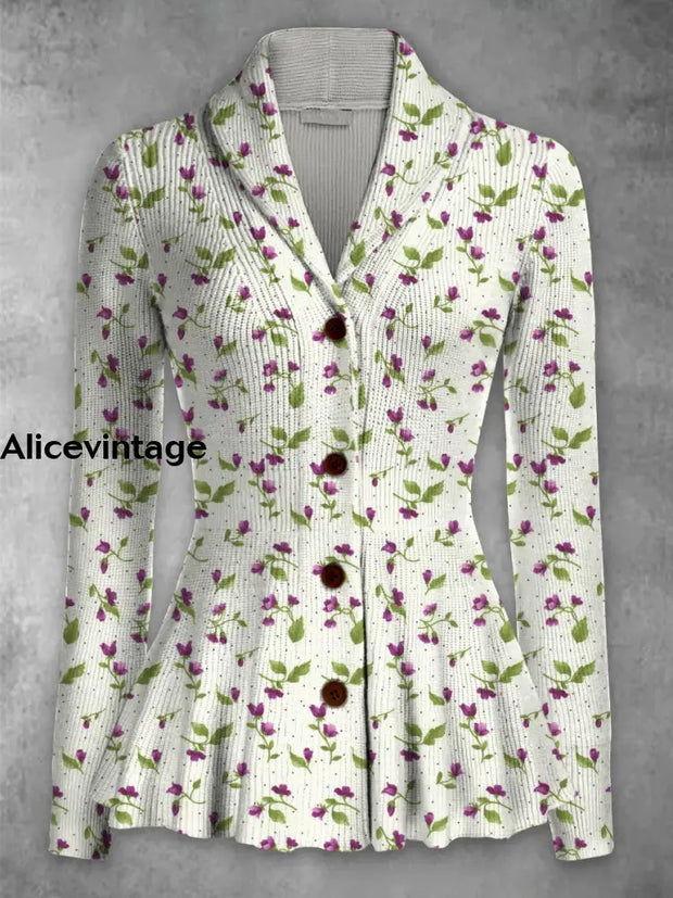 Floral Print Vintage Elegant Lapel V-Neck Button Up Long Sleeve Top A / S