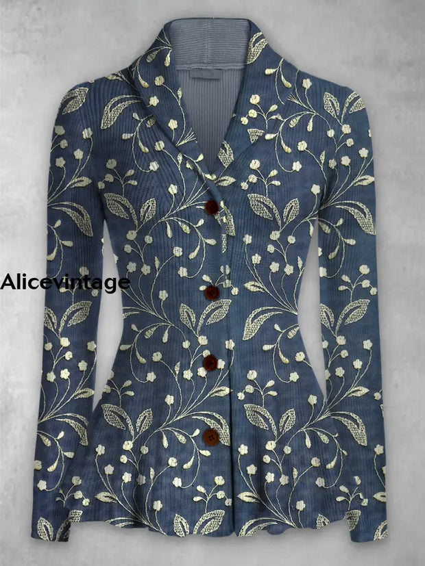 Floral Print Vintage Elegant Lapel V-Neck Button Up Long Sleeve Top A / S