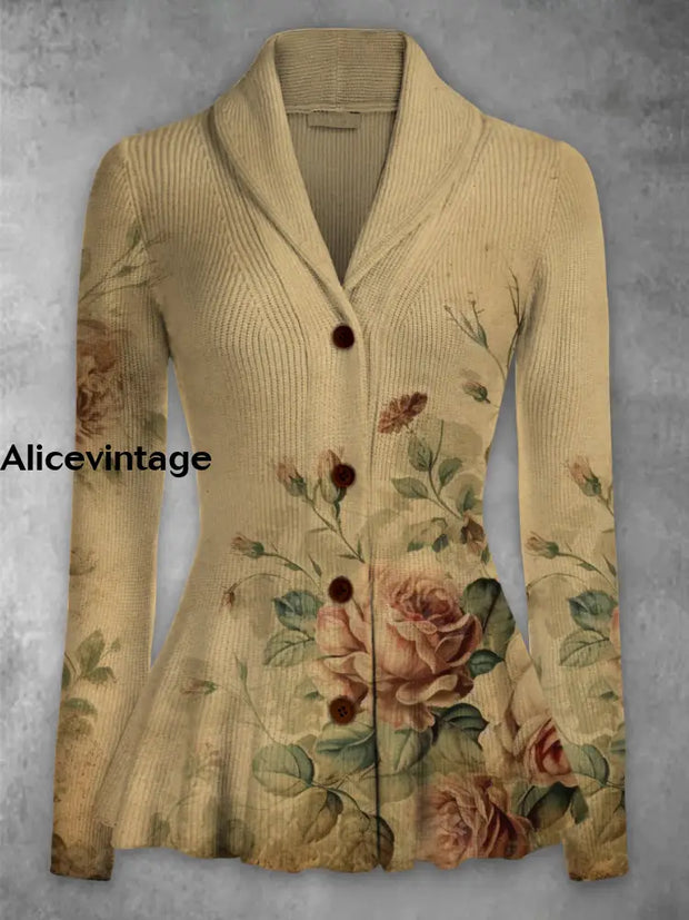 Floral Print Vintage Elegant Lapel V-Neck Button Up Long Sleeve Top A / S