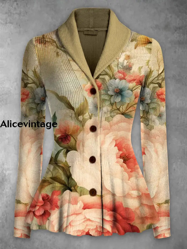 Floral Print Vintage Elegant Lapel V-Neck Button Up Long Sleeve Top A / S