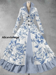 Floral Print Vintage Elegant Lapel V-Neck Long Sleeve Maxi Dress