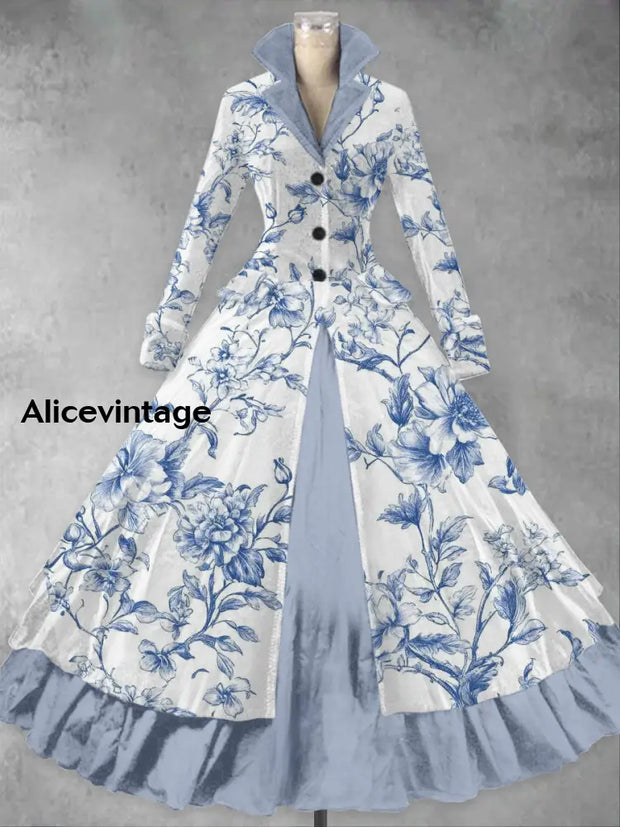 Floral Print Vintage Elegant Lapel V-Neck Long Sleeve Maxi Dress