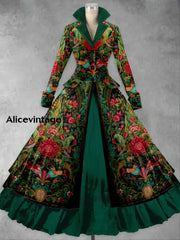 Floral Print Vintage Elegant Lapel V-Neck Long Sleeve Maxi Dress