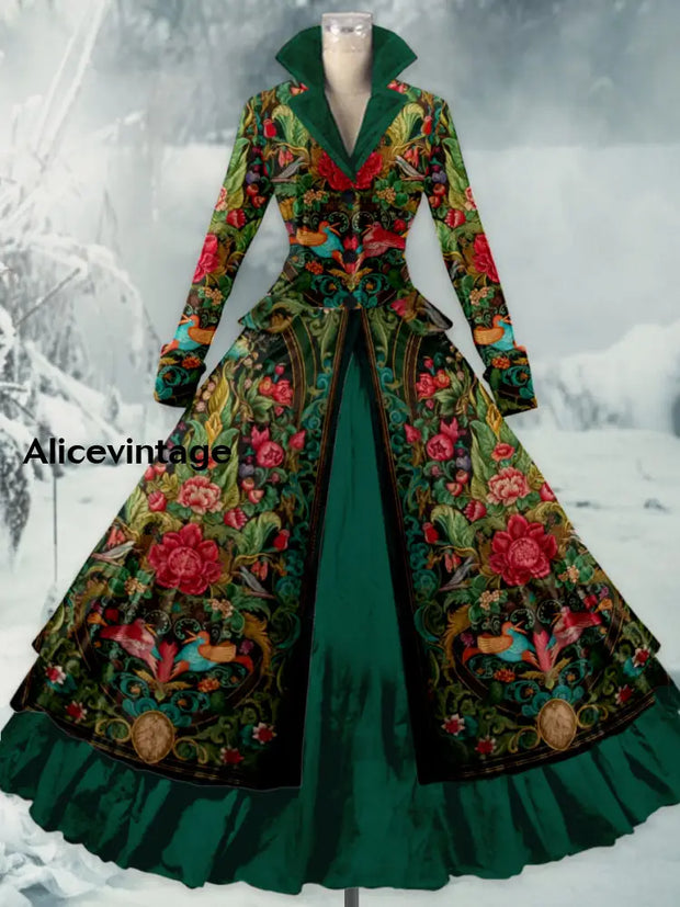 Floral Print Vintage Elegant Lapel V-Neck Long Sleeve Maxi Dress A / S