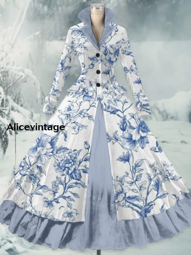 Floral Print Vintage Elegant Lapel V-Neck Long Sleeve Maxi Dress A / S