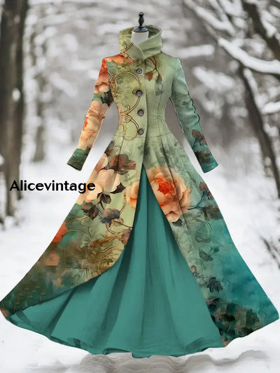 Floral Print Vintage Elegant Long Sleeve Fake Two Piece Maxi Dress A / S