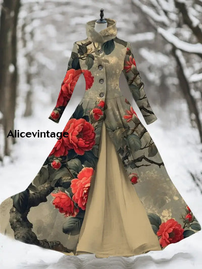 Floral Print Vintage Elegant Long Sleeve Fake Two Piece Maxi Dress A / S