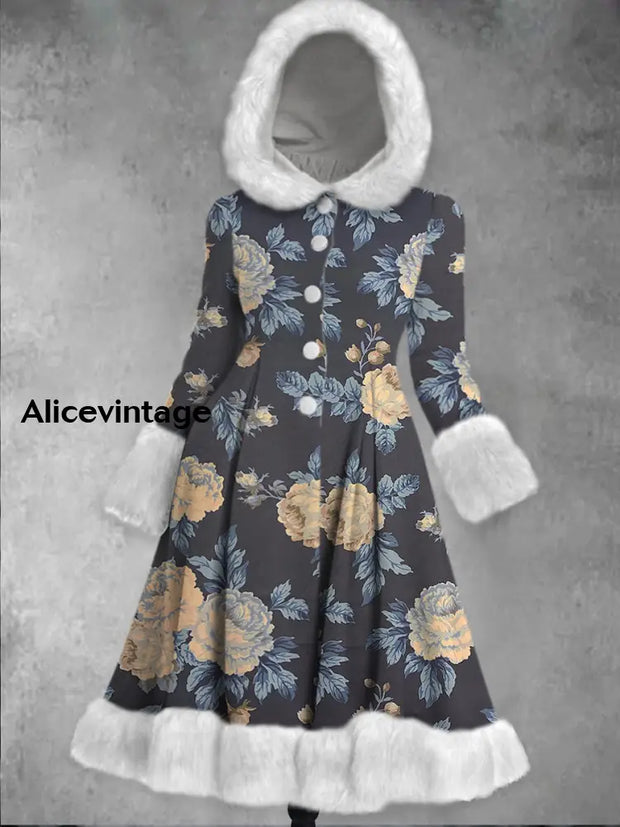 Floral Print Vintage Elegant Long Sleeve Fur Hooded Coat Dress