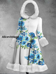 Floral Print Vintage Elegant Long Sleeve Fur Hooded Coat Dress