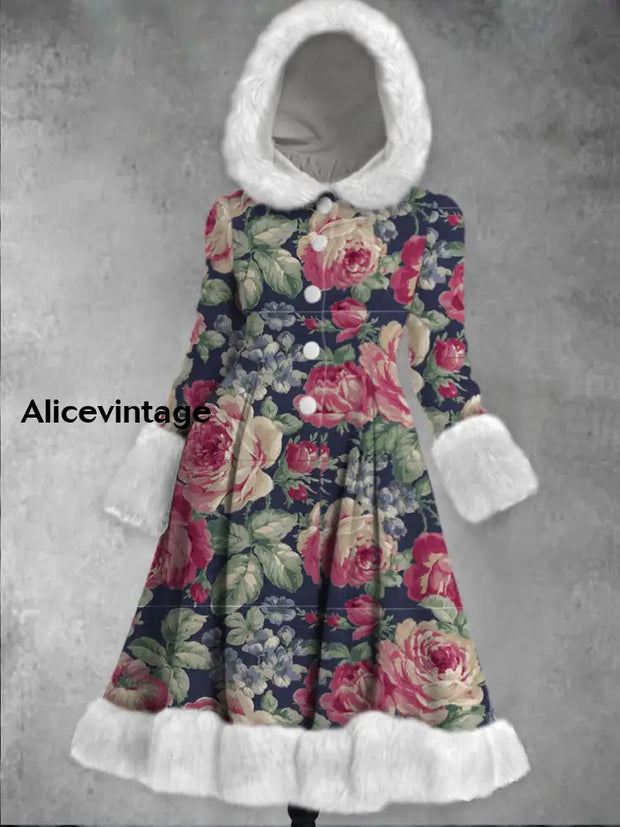 Floral Print Vintage Elegant Long Sleeve Fur Hooded Coat Dress