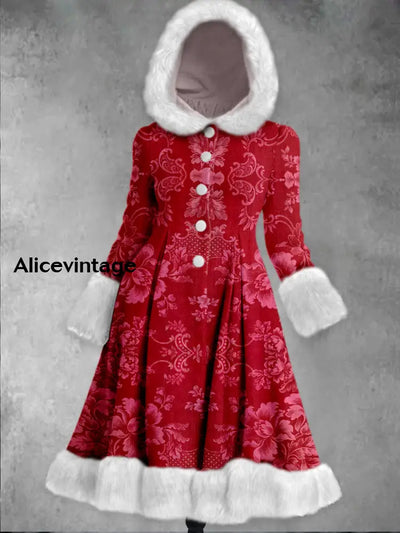 Floral Print Vintage Elegant Long Sleeve Fur Hooded Coat Dress