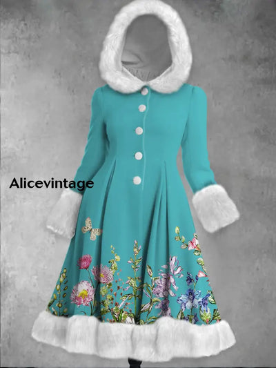 Floral Print Vintage Elegant Long Sleeve Fur Hooded Coat Dress