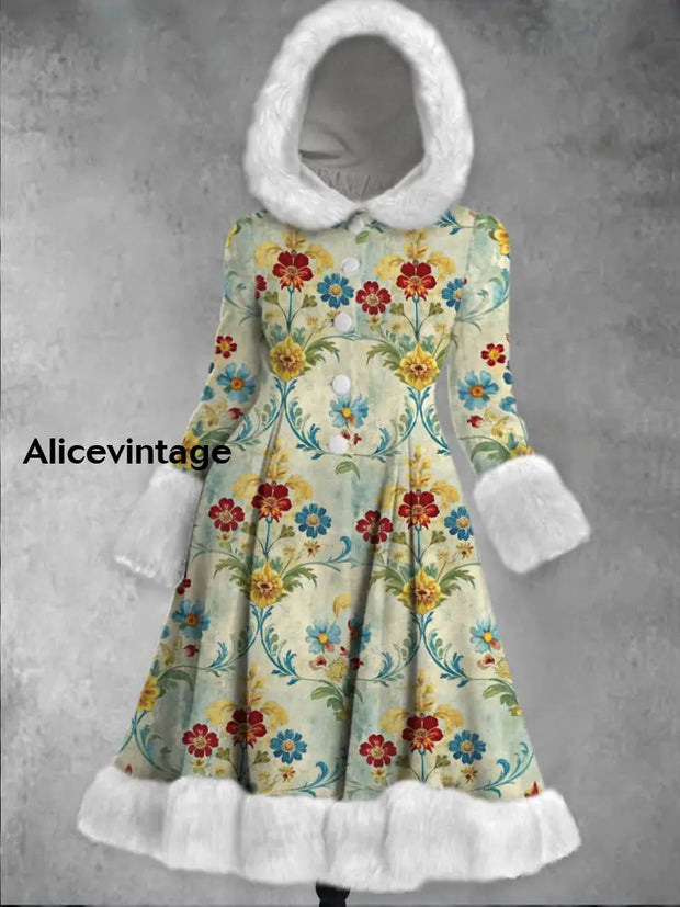 Floral Print Vintage Elegant Long Sleeve Fur Hooded Coat Dress