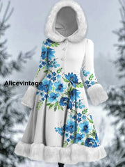 Floral Print Vintage Elegant Long Sleeve Fur Hooded Coat Dress A / S