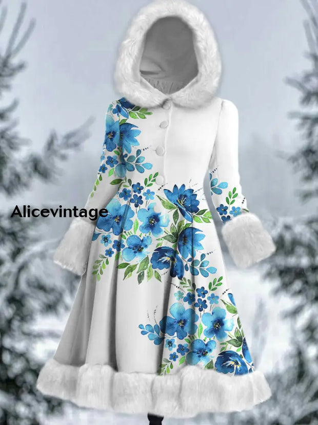 Floral Print Vintage Elegant Long Sleeve Fur Hooded Coat Dress A / S