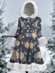 Floral Print Vintage Elegant Long Sleeve Fur Hooded Coat Dress A / S