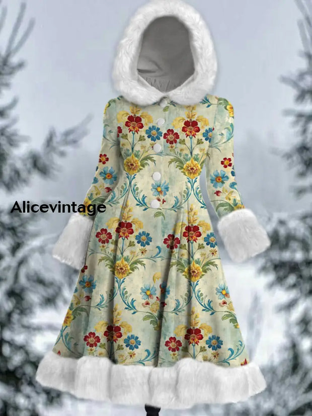 Floral Print Vintage Elegant Long Sleeve Fur Hooded Coat Dress A / S