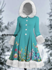 Floral Print Vintage Elegant Long Sleeve Fur Hooded Coat Dress A / S