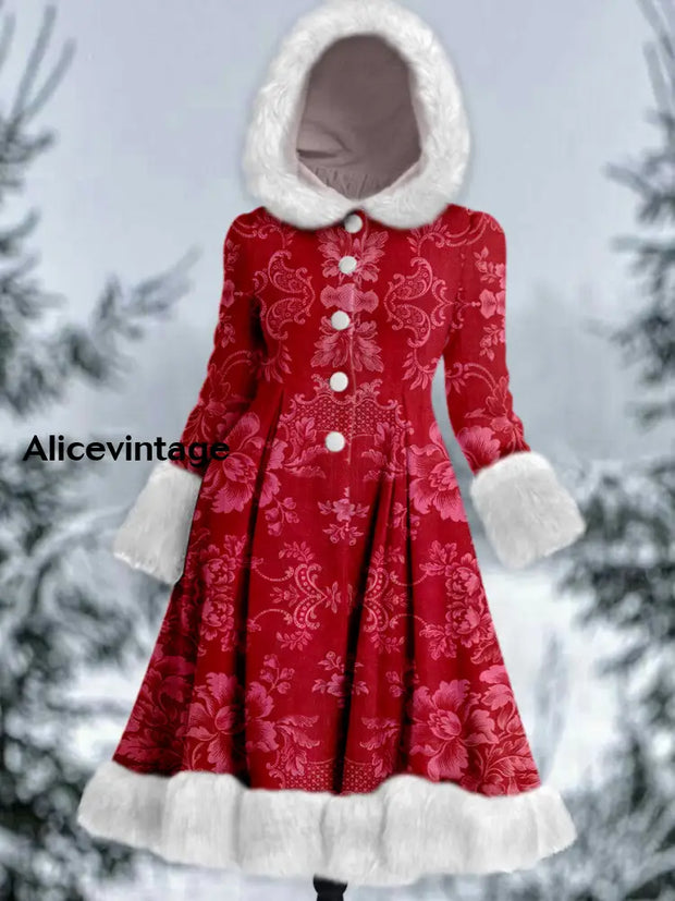 Floral Print Vintage Elegant Long Sleeve Fur Hooded Coat Dress A / S