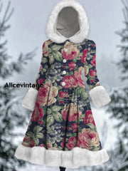 Floral Print Vintage Elegant Long Sleeve Fur Hooded Coat Dress A / S