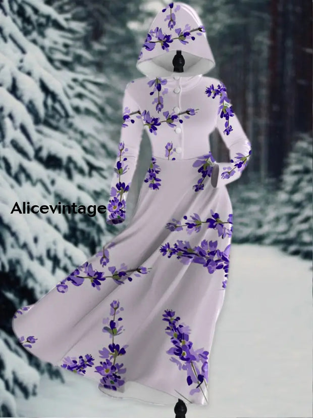 Floral Print Vintage Elegant Long Sleeve Hooded Dress A / S