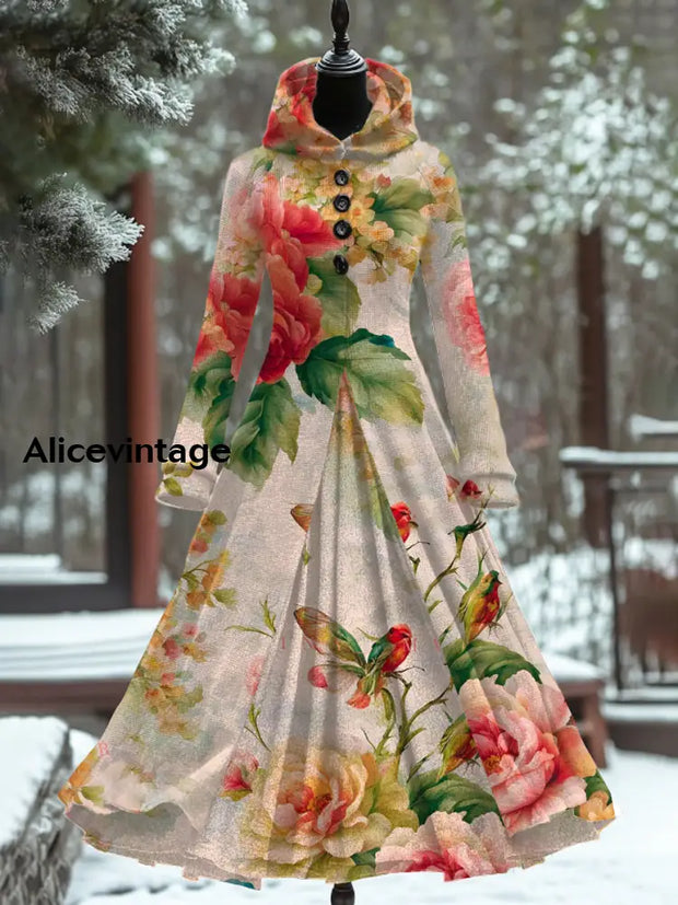 Floral Print Vintage Elegant Long Sleeve Maxi Dress Fake Two Piece A / S