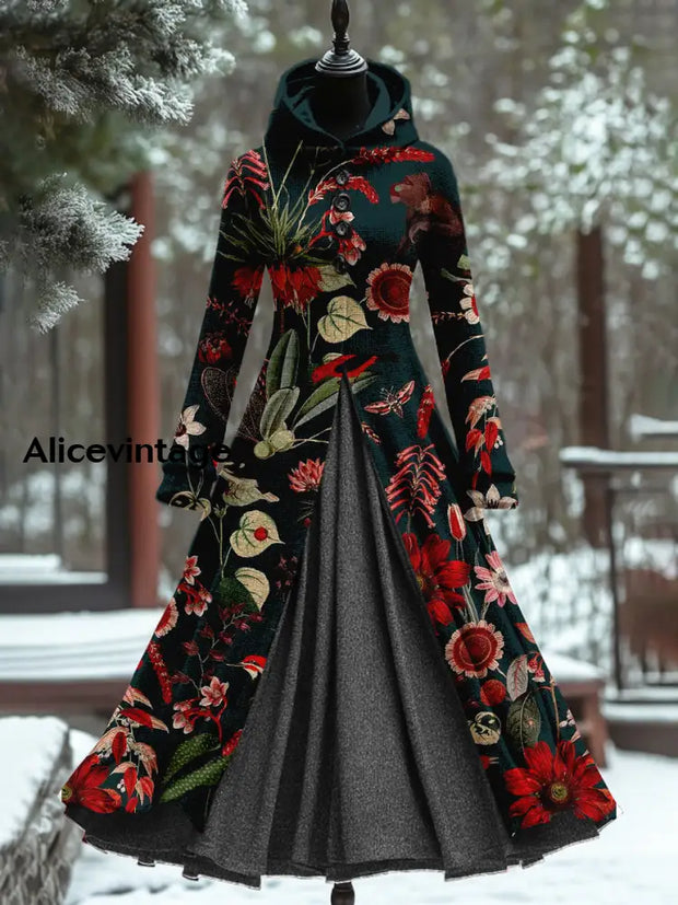 Floral Print Vintage Elegant Long Sleeve Maxi Dress Fake Two Piece A / S