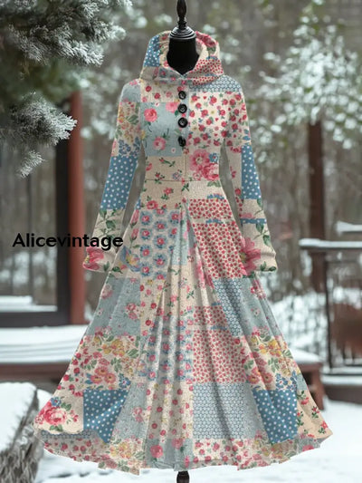 Floral Print Vintage Elegant Long Sleeve Maxi Dress Fake Two Piece A / S