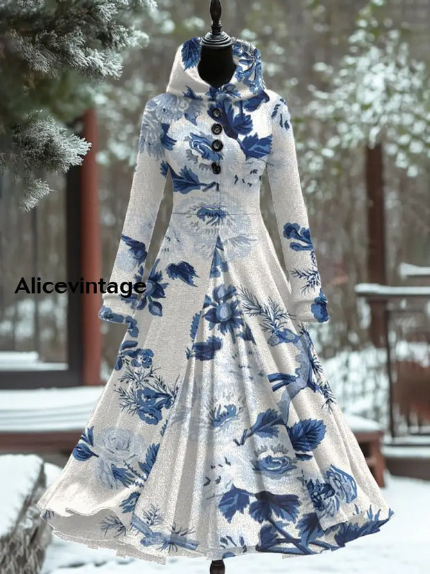 Floral Print Vintage Elegant Long Sleeve Maxi Dress Fake Two Piece A / S