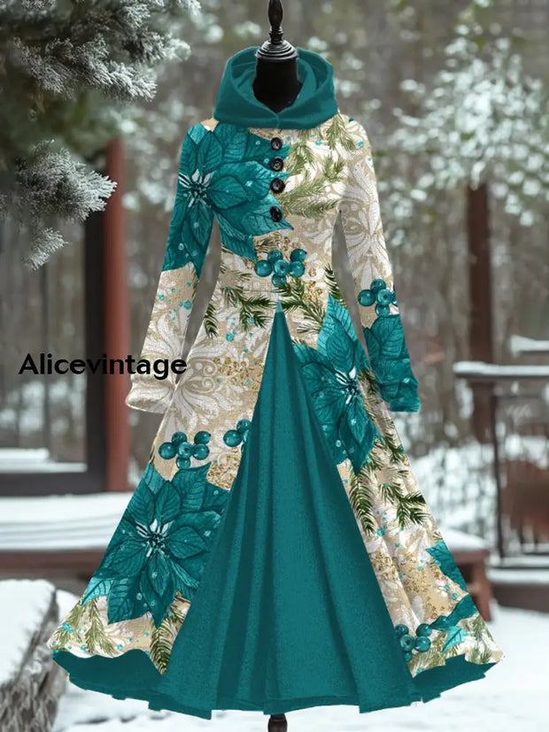 Floral Print Vintage Elegant Long Sleeve Maxi Dress Fake Two Piece A / S