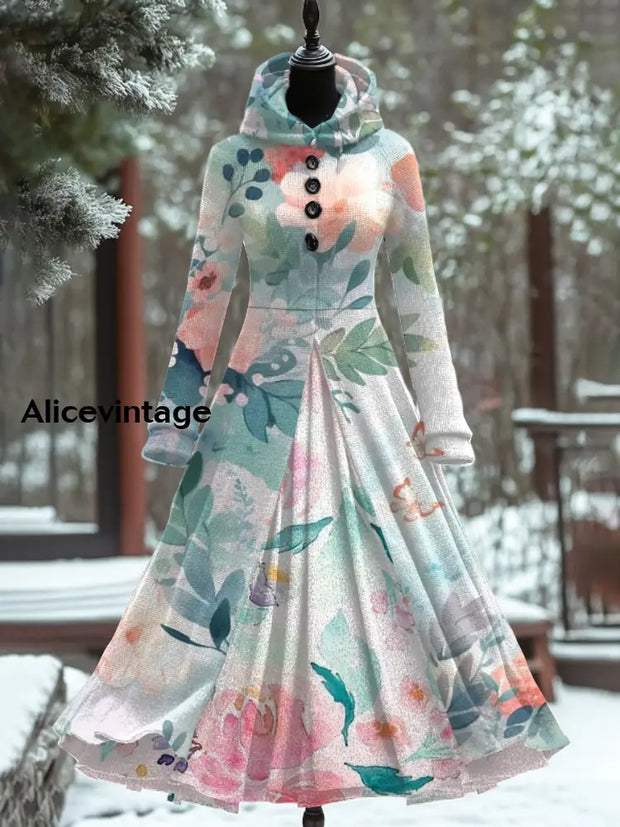 Floral Print Vintage Elegant Long Sleeve Maxi Dress Fake Two Piece A / S