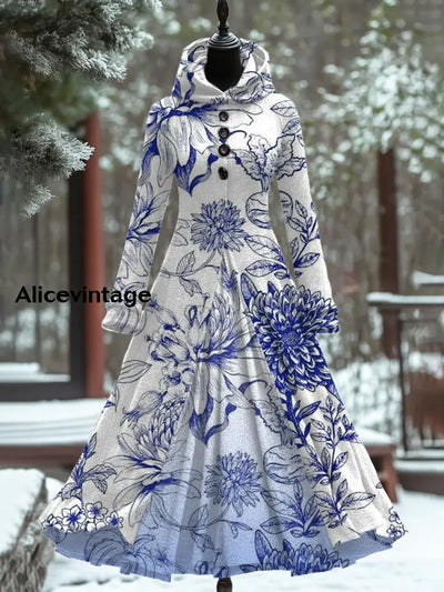 Floral Print Vintage Elegant Long Sleeve Maxi Dress Fake Two Piece A / S