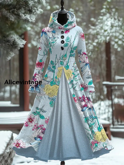 Floral Print Vintage Elegant Long Sleeve Maxi Dress Fake Two Piece A / S