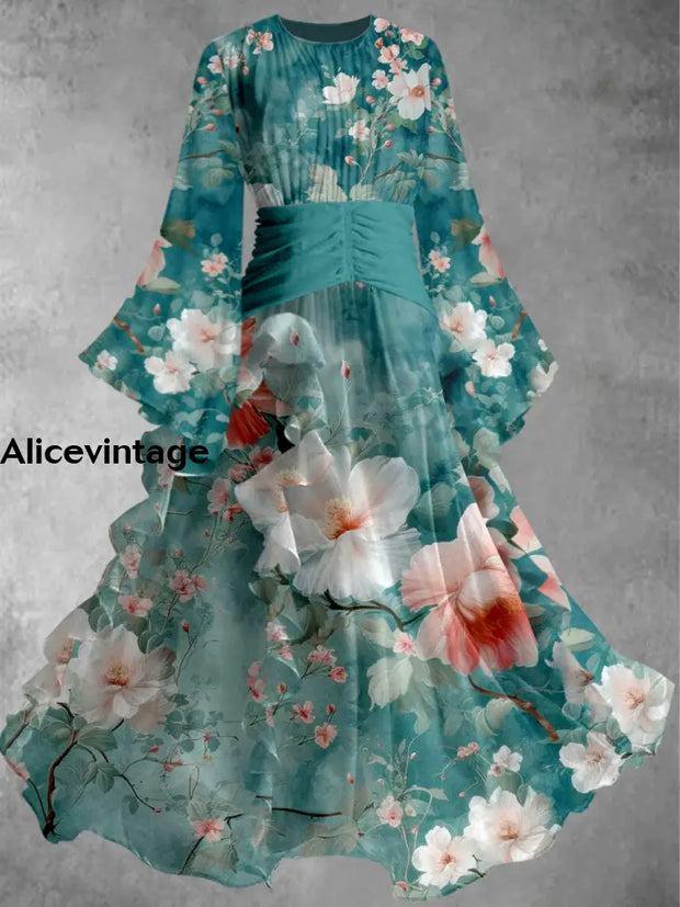 Floral Print Vintage Elegant Round Neck Chic Long Sleeve Maxi Dress A / S