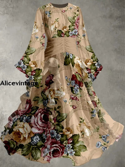 Floral Print Vintage Elegant Round Neck Chic Long Sleeve Maxi Dress A / S