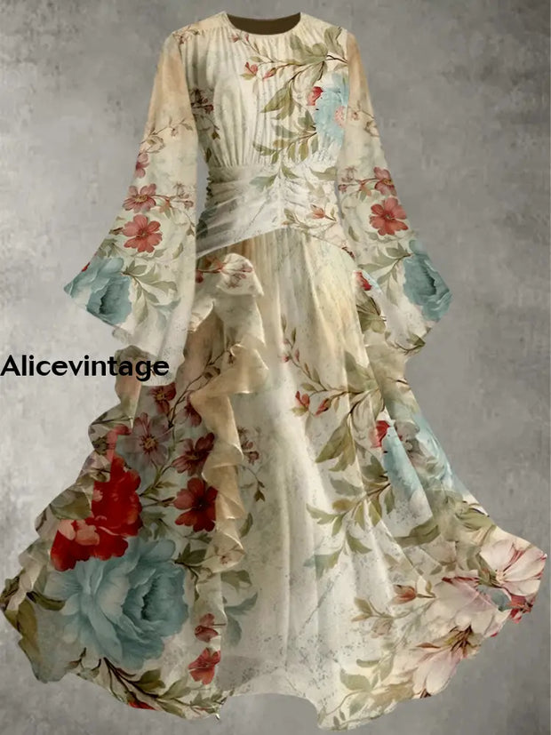 Floral Print Vintage Elegant Round Neck Chic Long Sleeve Maxi Dress A / S