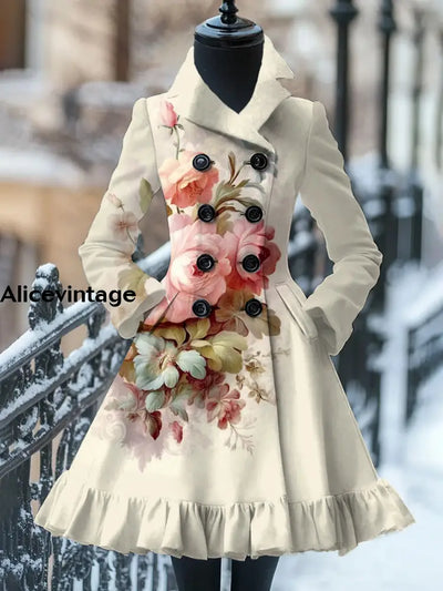 Floral Print Vintage Elegant Stand-Up Collar Long Sleeve Coat Dress A / S