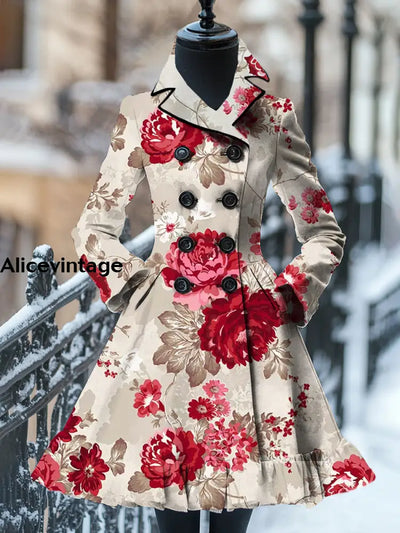 Floral Print Vintage Elegant Stand-Up Collar Long Sleeve Coat Dress A / S