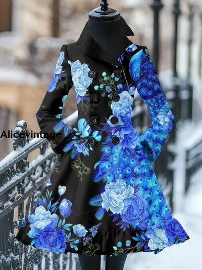 Floral Print Vintage Elegant Stand-Up Collar Long Sleeve Coat Dress A / S