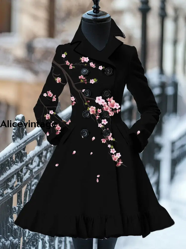 Floral Print Vintage Elegant Stand-Up Collar Long Sleeve Coat Dress A / S