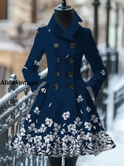 Floral Print Vintage Elegant Stand-Up Collar Long Sleeve Coat Dress A / S