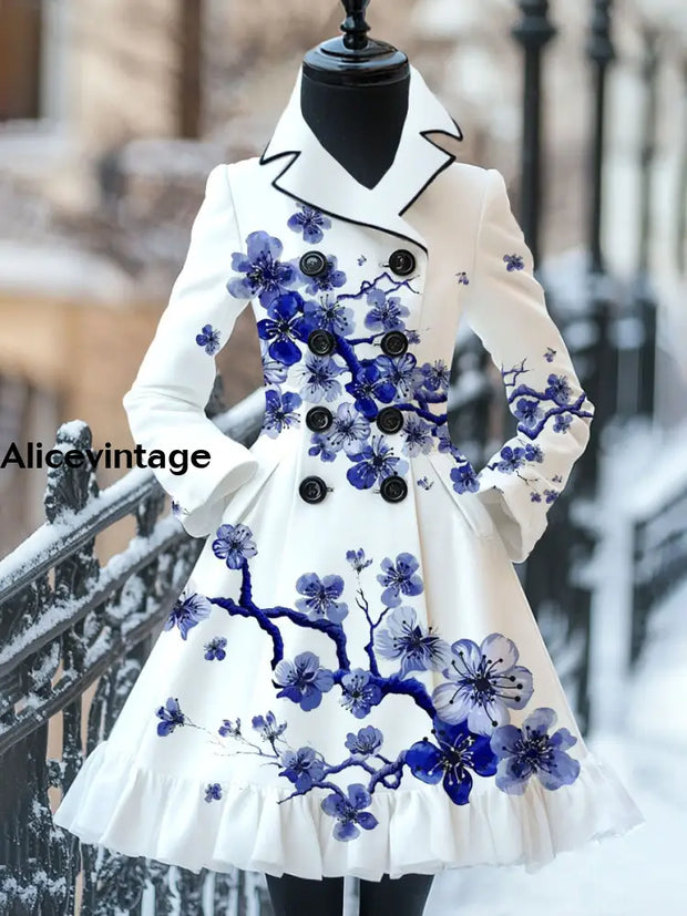 Floral Print Vintage Elegant Stand-Up Collar Long Sleeve Coat Dress A / S