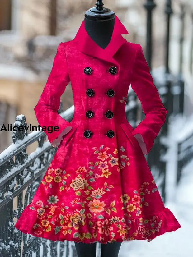 Floral Print Vintage Elegant Stand-Up Collar Long Sleeve Coat Dress A / S