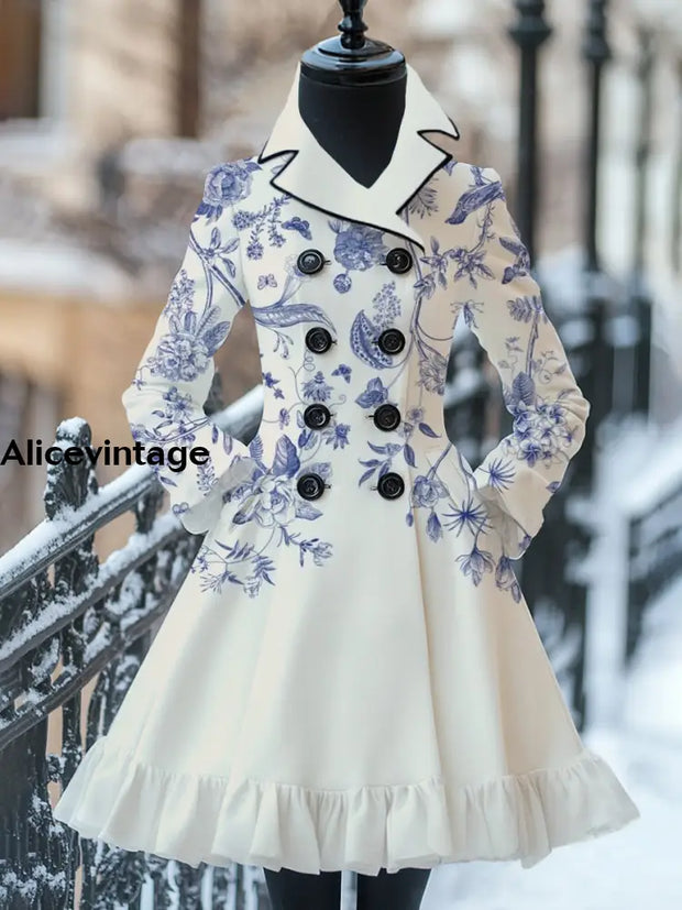 Floral Print Vintage Elegant Stand-Up Collar Long Sleeve Coat Dress A / S