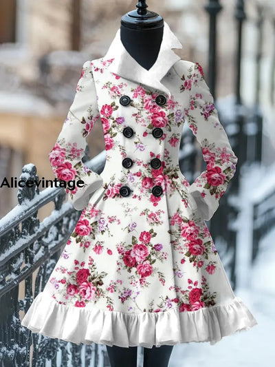 Floral Print Vintage Elegant Stand-Up Collar Long Sleeve Coat Dress A / S