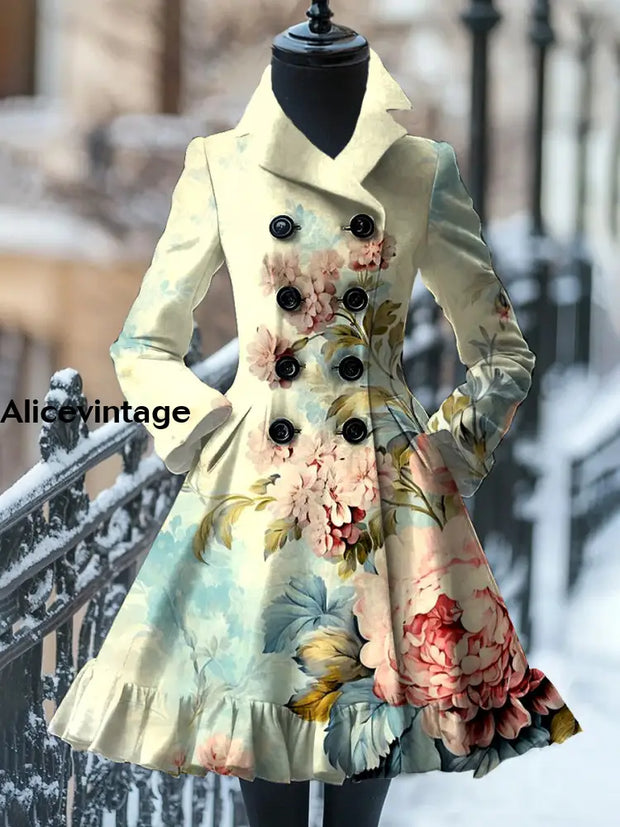 Floral Print Vintage Elegant Stand-Up Collar Long Sleeve Coat Dress A / S