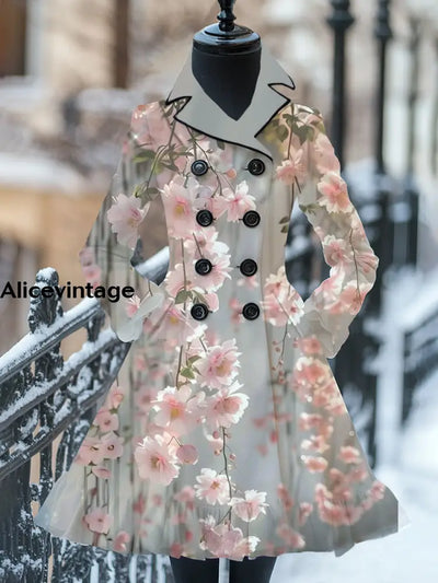 Floral Print Vintage Elegant Stand-Up Collar Long Sleeve Coat Dress A / S